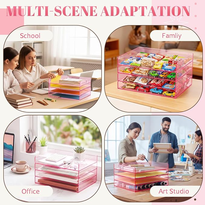 Harloon 4 Tier Clear Hot Pink Acrylic Paper Organizer Letter Tray, Aesthetic - Image 6
