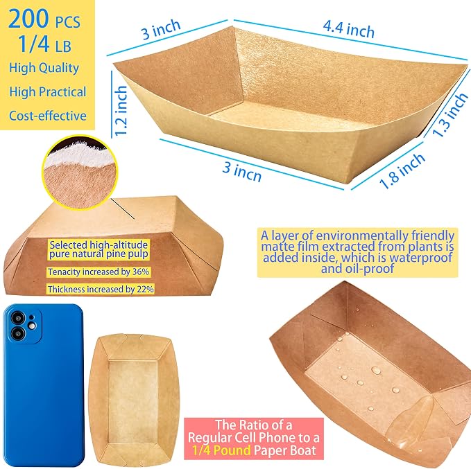 200 Pack Small Paper Food Trays, 0.25 Lb Disposable Kraft Food Boats, Take Out - Image 2