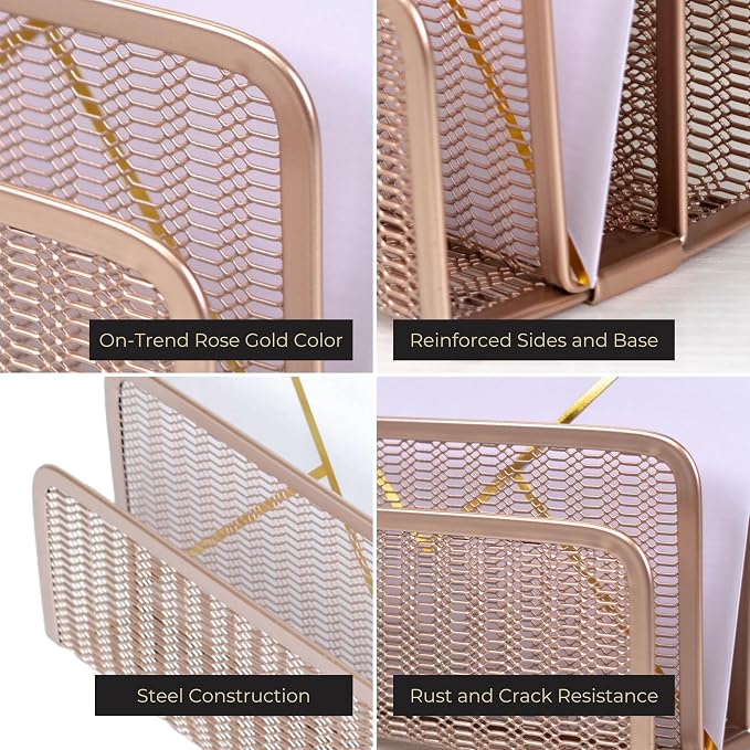 BLU MONACO Rose Gold Metal Mesh Letter Sorter | 3-Slot Vertical Mail Organizer - Image 2