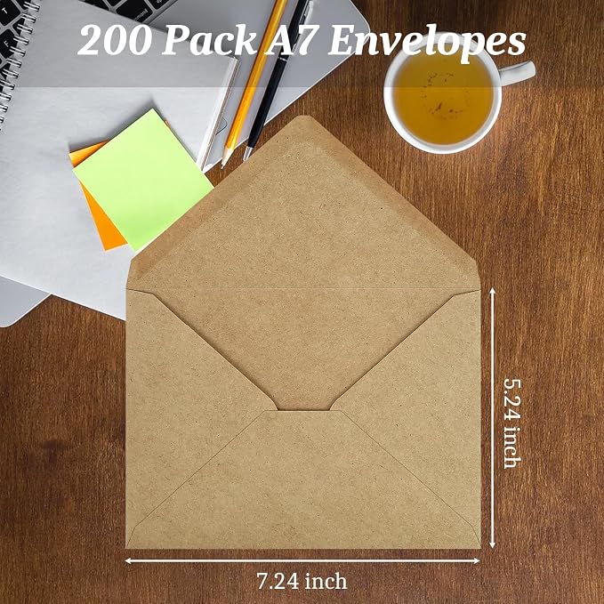 200 Pack A7 Envelopes, Kraft Greeting Card Envelopes Self Seal, 5.24 x 7.24 in - Image 3