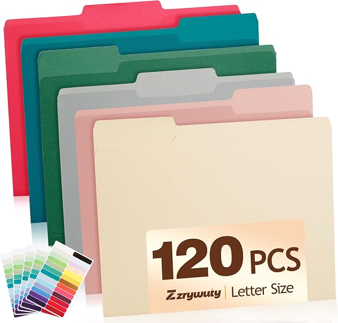 Color File Folders, 1/3-Cut Tabs, 120 Pack File Folder Letter Size, 6 Colors by Zzrywuty