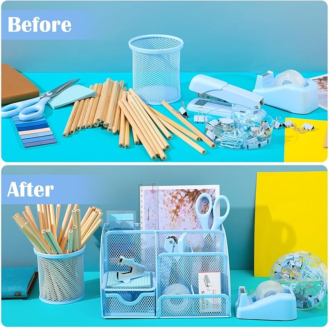 11 In 1 Blue Desk Organizer And Accessories, Light Blue Office Supplies Include - Image 5