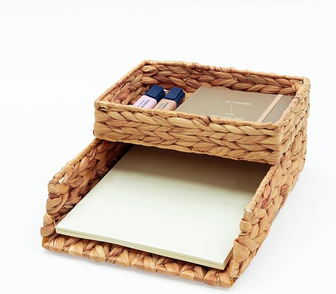 HAMOTOPI Desk Organizer Letter Tray Set of 2, Woven Water Hyacinth Tabletop by HAMOTOPI