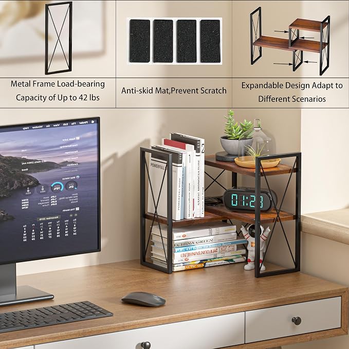 Expandable Desktop Shelf Organizer, 2 Tier Wood Desk Shelf - Image 6