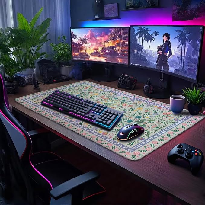 Green Floral Desk Mat, 31.5"x15.7" Large Mouse Pad, Anti-Slip Rubber Base - Image 6