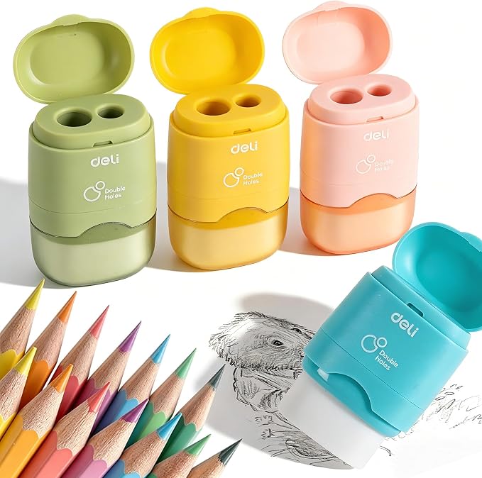 Deli Pencil Sharpener & Eraser, 4 Pack Pencil Sharpeners Manual, Dual Holes by delioffice