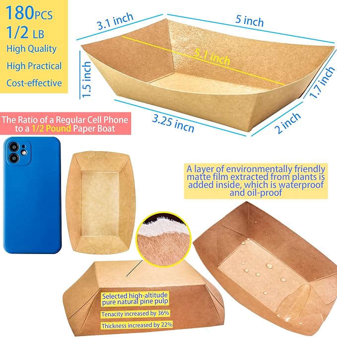 180 Pack 1/2 lb Disposable Kraft Food Paper Trays, Small Eco-Friendly Paper - Image 2