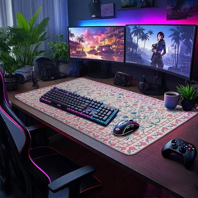 Pink Floral Desk Mat 31.5"x15.7" | Extra Large Mouse Pad, Non-Slip Rubber Base - Image 6