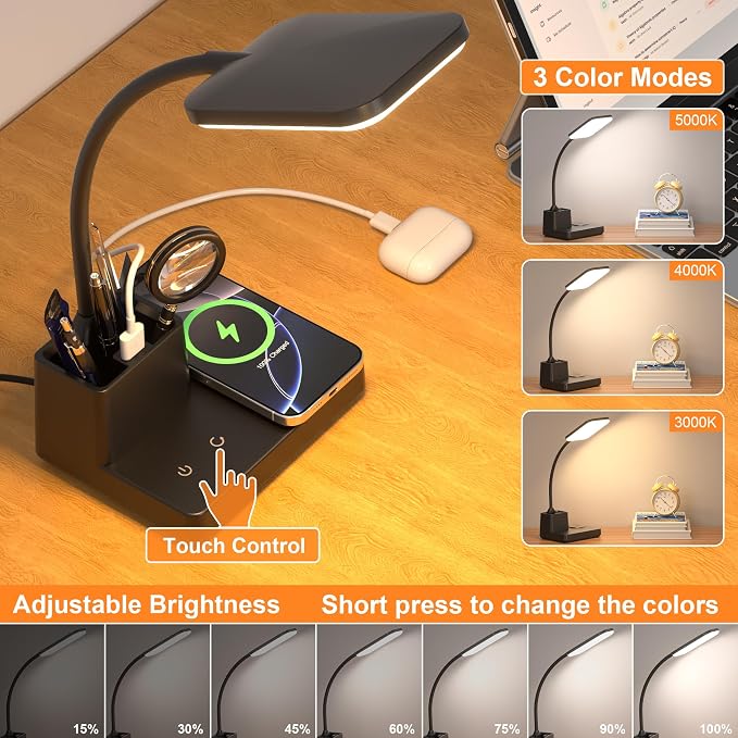 Desk Lamp, Table Lamp with Wireless Charger & USB Port, 800LM CRI95 3 Color - Image 5