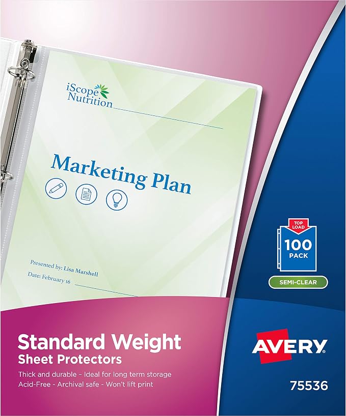 Avery Semi-Clear Standard Weight Sheet Protectors, Top Load, 100 Document by Avery