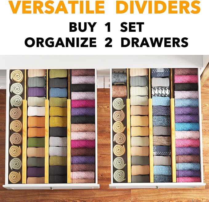 SpaceAid Bamboo Dresser Drawer Dividers 6 Pack, 4.65“ High Adjustable 17“-22” - Image 5