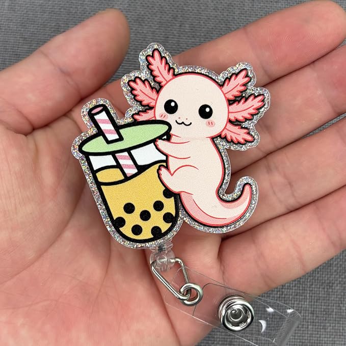 Cute Axolotl with Boba Tea Badge Reel Retractable, Funny Animal Badge Reel - Image 3