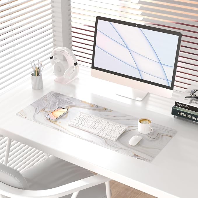 QiyI White Mouse Pad, Cute Marble Large Desk Mat, PU Leather Desk Protector - Image 2