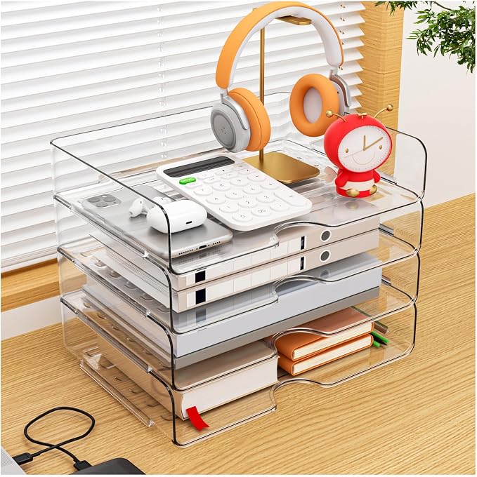 Paper Organizer Letter Tray, 4 Pack Acrylic Stackable Desk File Organizer - Image 4