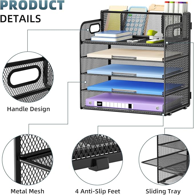 Marbrasse 5 Tier Paper Organizer Letter Tray, Mesh Desk File Organizer - Image 2