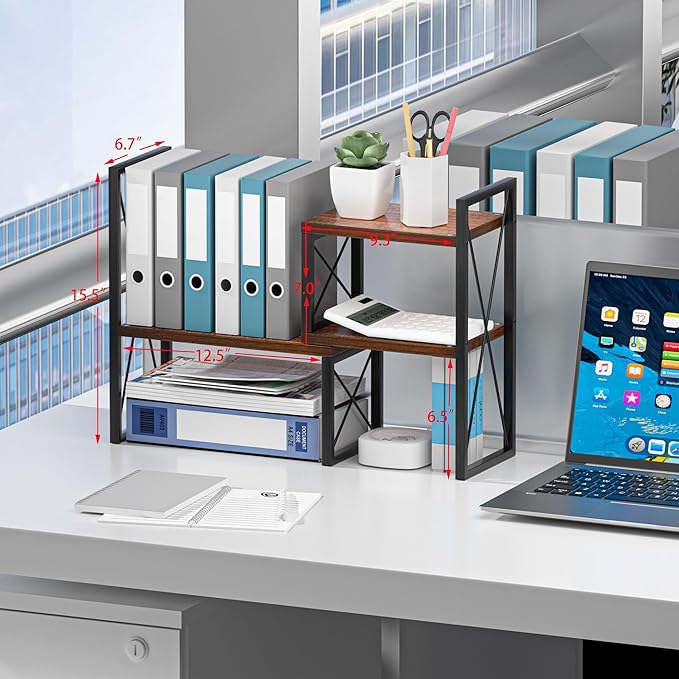 Expandable Desktop Shelf Organizer, 2 Tier Wood Desk Shelf - Image 2