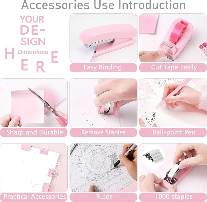 Pink Desk Accessories, Staple Remover, 1000 Staples, Clips Set - Image 4