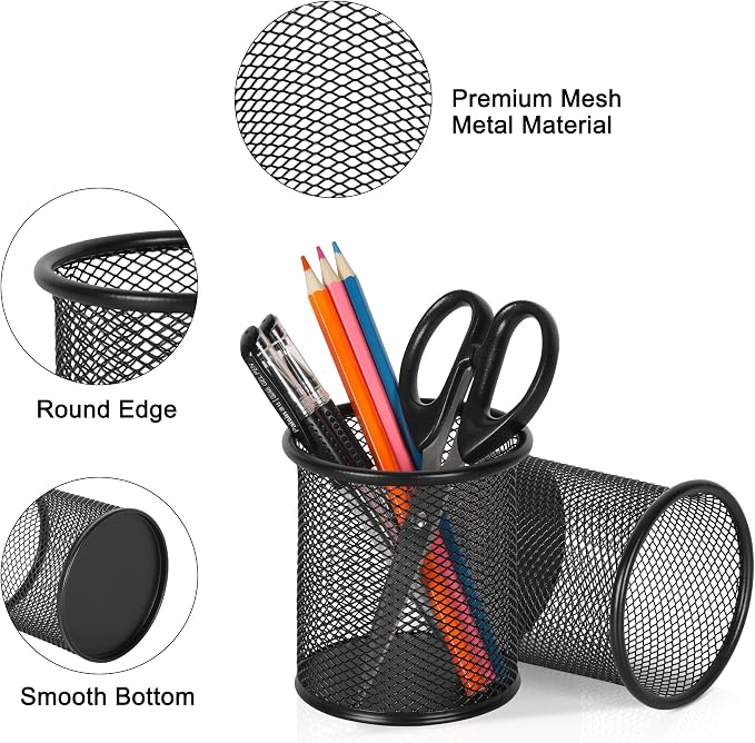 EasyPAG Pencil Holder for Desk, 2 Pack Metal Pen Organizer, Mesh Pencil Cup - Image 2