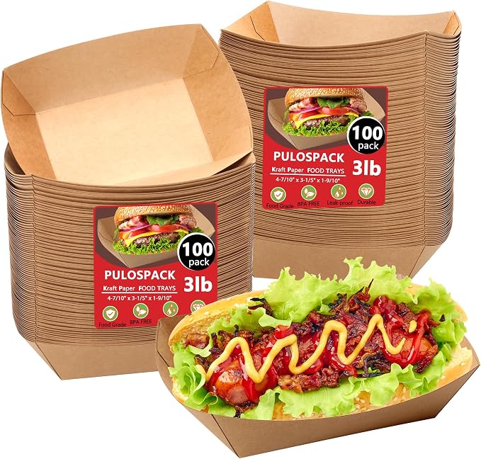 100 Pack 3lb Heavy Duty Paper Food Trays Kraft Leak Proof Paper Food Boats by PULOSPACK