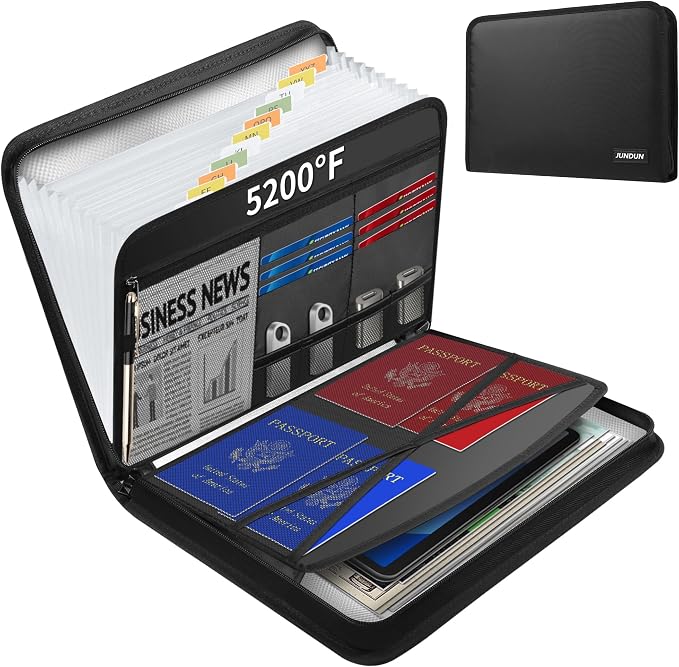 JUNDUN 5200℉ Fireproof Document Organizer, Upgraded Heat Insulated 13 Pockets by JUNDUN