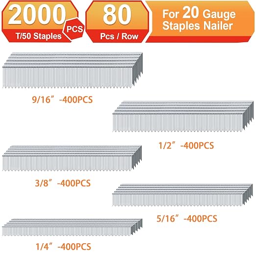 20 Gauge T/50 Staples, 1/4"+5/16"+3/8"+1/2"+9/16":2000pcs | Galvanized Nails - Image 3