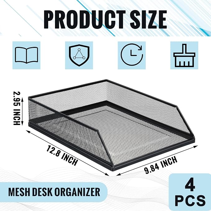 Hicarer 4 Pcs Black Metal Letter Tray Stackable Desk Tray Single Wire Mesh - Image 3