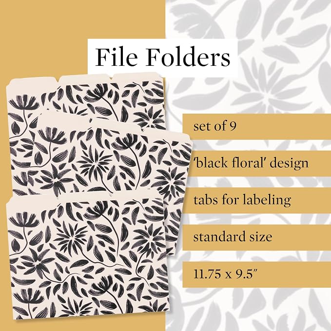 Steel Mill & Co. Set of 9 File Folders, Hand Drawn Black Floral | Thick Sturdy - Image 2
