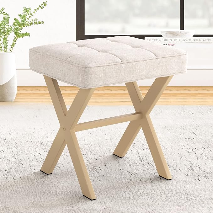 LUE BONA Square Linen Makeup Stool, Metal X Legs, Small Ottoman Stool Chair by LUEBONA