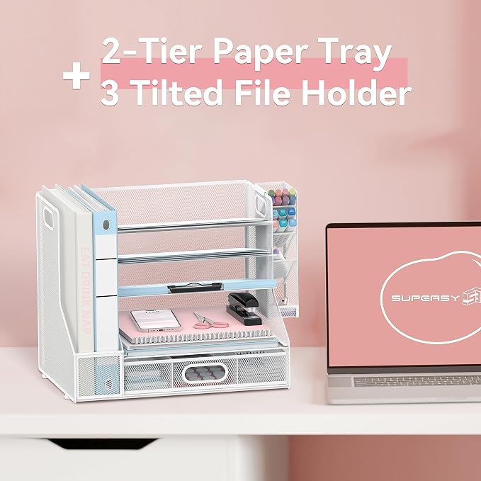 SUPEASY Desk Organizer with File Holder, 5-Tier Mesh Paper Letter Tray and 3 - Image 2