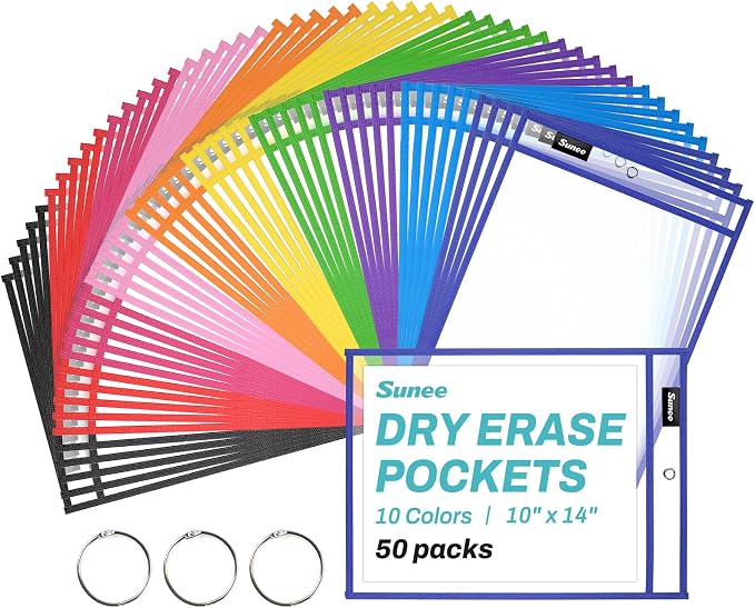 SUNEE 50 Packs Oversized Reusable Dry Erase Pocket Sleeves by SUNEE