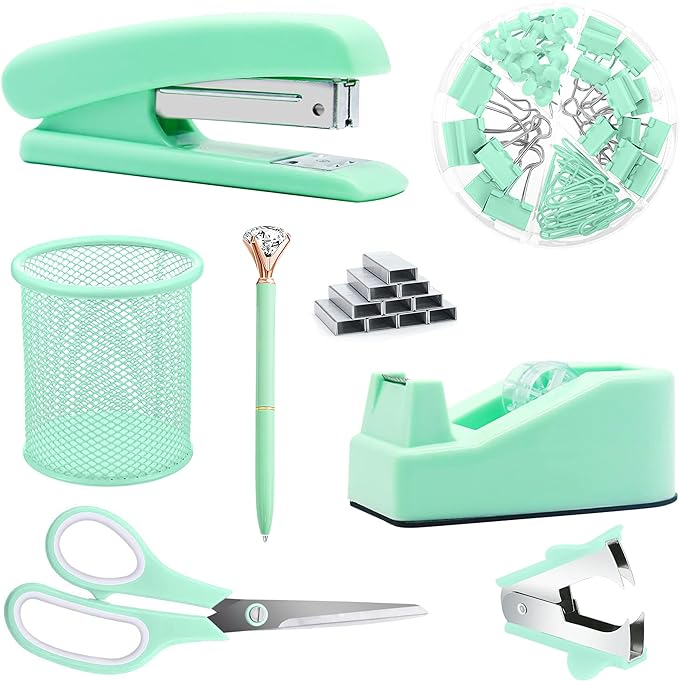 Green Office Supplies, Staple Remover, Tape Holder, Pen Holder, Ballpoint Pen by Famassi