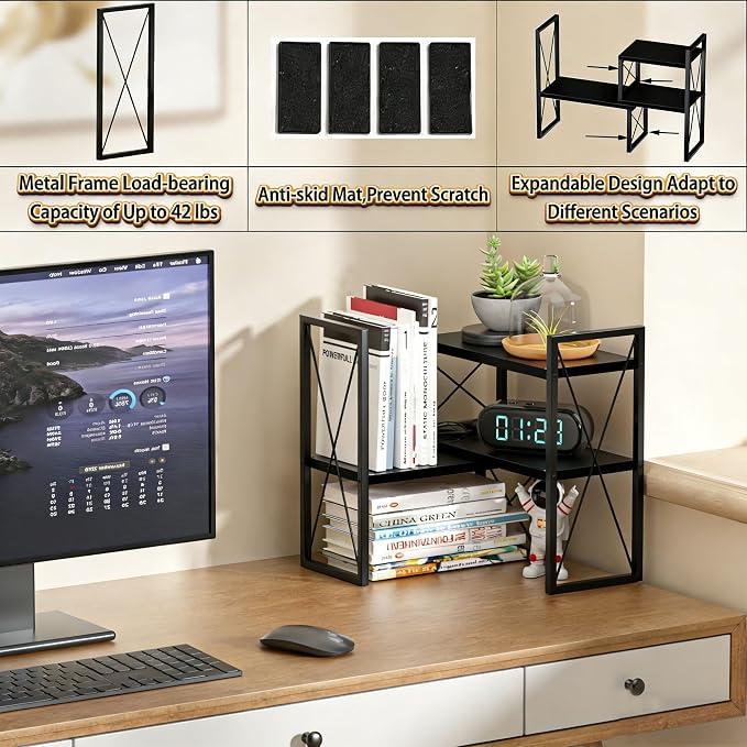 Expandable Desktop Shelf Organizer, 2 Tier Wood Desk Shelf - Image 6