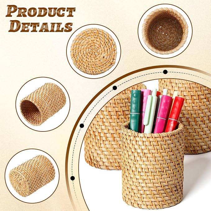 3 Pcs Rattan Pencil Holder, Handmade Pen Cup Durable Cylinder Makeup Brush - Image 6