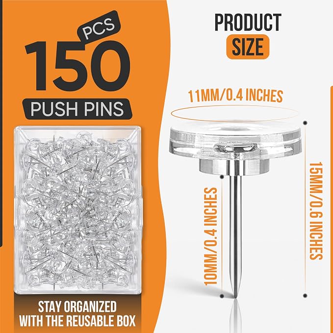 150 Pack Clear Push Pins Flat Head Thumb Tacks in Reusable Box. | By Luxurecourt - Image 2