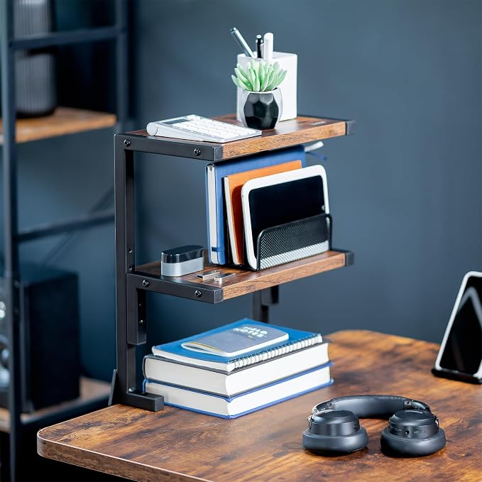VIVO Vintage Brown Clamp-on 13 inch 2-Tier Desk Shelf, STAND-SHELF2C-N | Above - Image 2