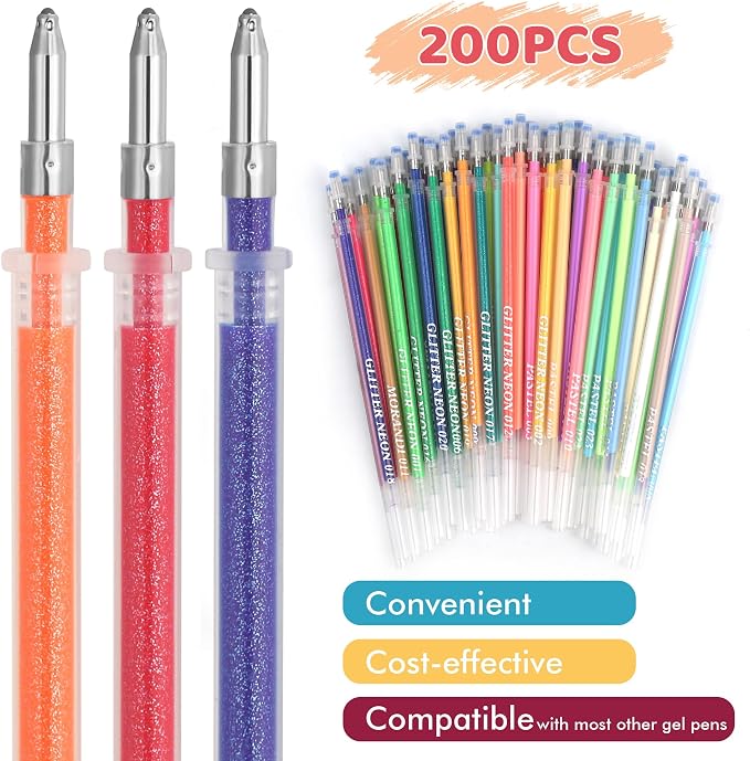 200 Colors Gel Pen Refills, Glitter Neon Gel Ink Pens Refills, Replace - Image 4