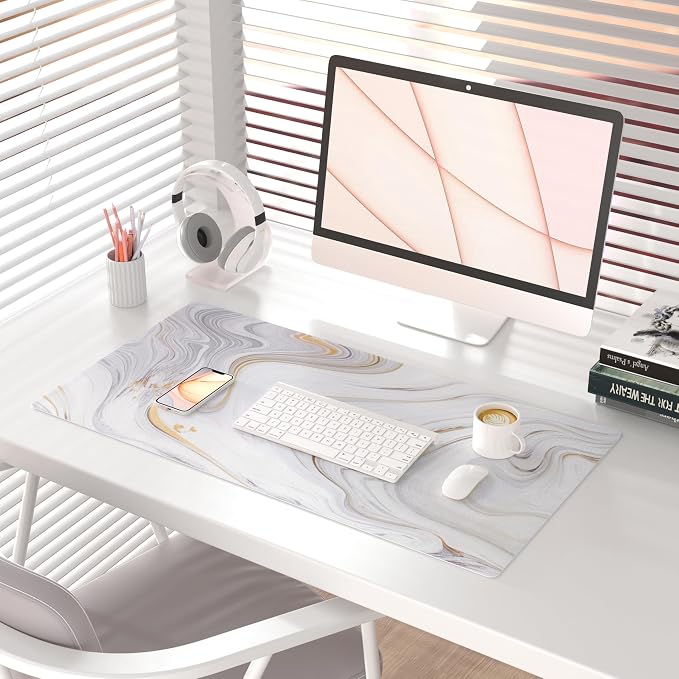 QIYI White Mouse Pad, Cute Marble Large Desk Mat, PU Leather Desk Protector - Image 2
