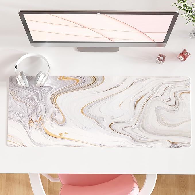 QiyI White Mouse Pad, Cute Marble Large Desk Mat, PU Leather Desk Protector by QIYI