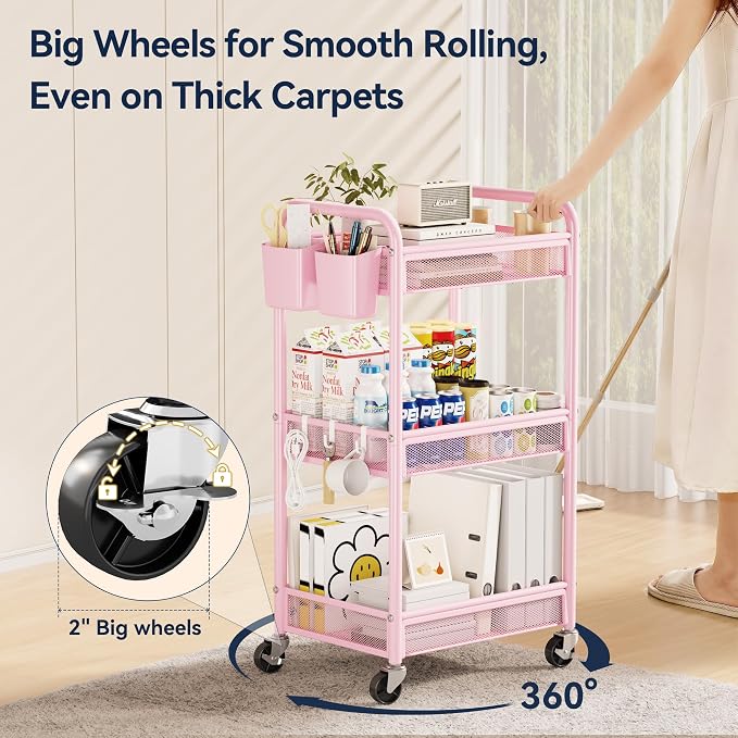 YASONIC 3 Tier Rolling Cart – Metal Utility Storage Cart - Image 4