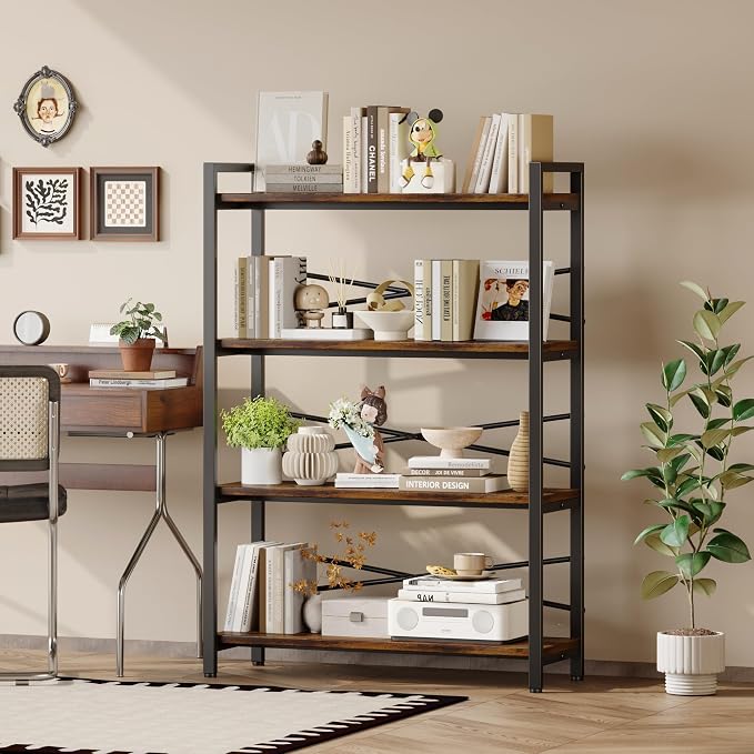 4 Tier Bookshelf 31.49" Width, Book Organizers and Storage, Wood and Metal Tall - Image 6