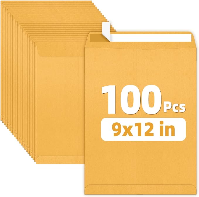 SUNEE 9 x12 Manilla Envelopes, 28lb Brown Kraft, Ultra Strong Quick-Seal by SUNEE