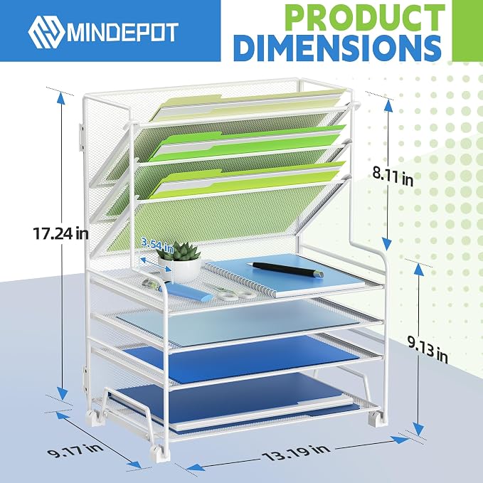 MINDEPOT 4-Tier Paper Organizer + 3-Pocket File Holder + Drawer + Pen Holders - Image 2