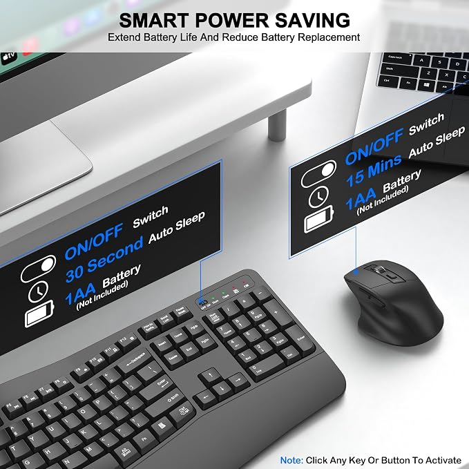 Wireless Keyboard and Mouse Combo, 2.4G Full Size Wave Keys Ergonomic Keyboard - Image 6