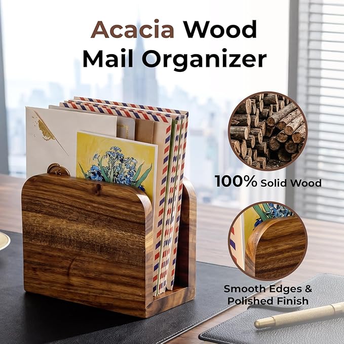 Acacia Wood Mail Organizer Countertop -Small Letter Holder - Image 5
