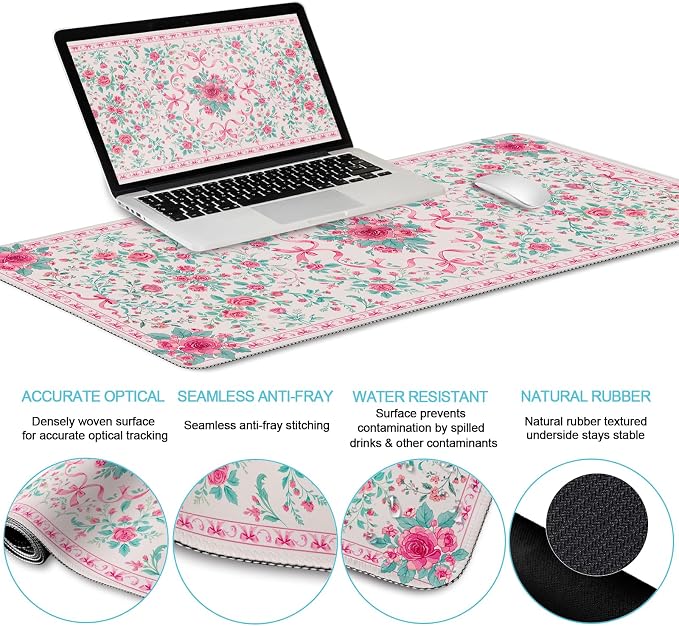 LIMKRIAN Pink Floral Desk Mat, Ergonomic Mouse Pad Set - Image 4