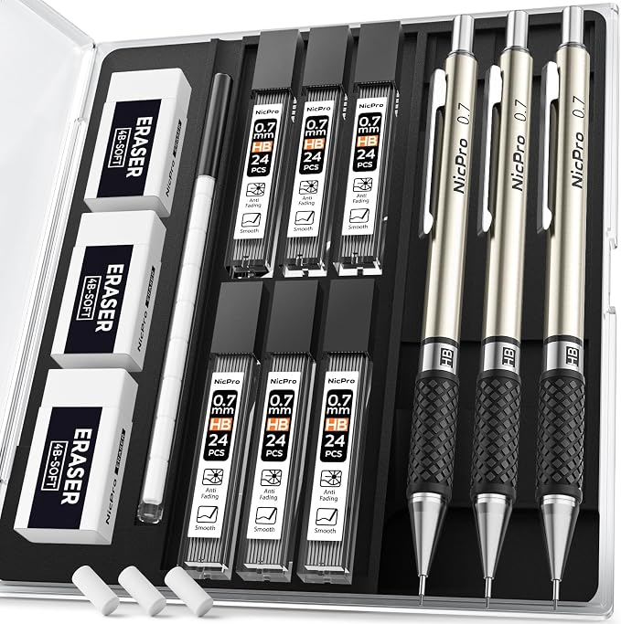 Nicpro 0.7 mm Art Mechanical Pencil Set in Storage Case, 3 Erasers by Nicpro