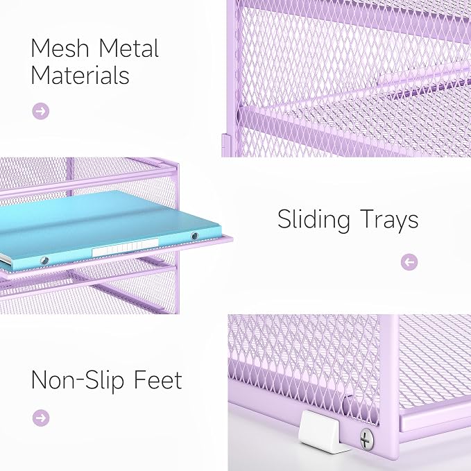Lavatino 3-Tier Letter Tray Desk Organizer – Purple Mesh Metal Paper File Tray - Image 7