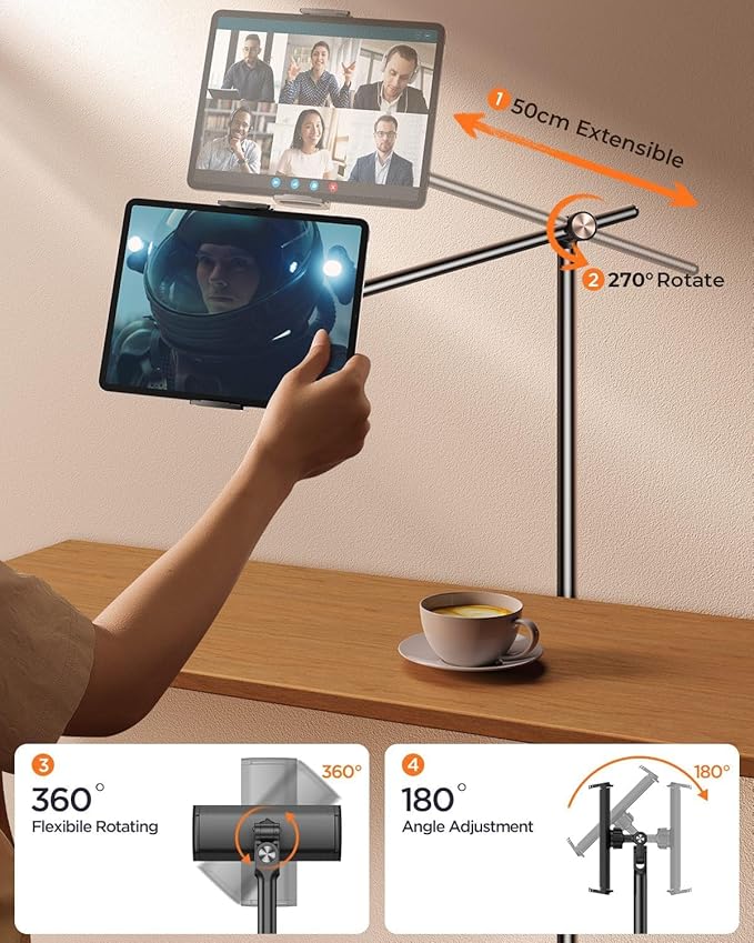 DIMONCOAT [Height-Adjustable & 360° Rotation Tablet Floor Stand Stable Base | - Image 3