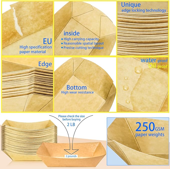 200 Pack 2lb Kraft Paper Food Trays Disposable Paper Boats, Heavy-Duty Food - Image 3