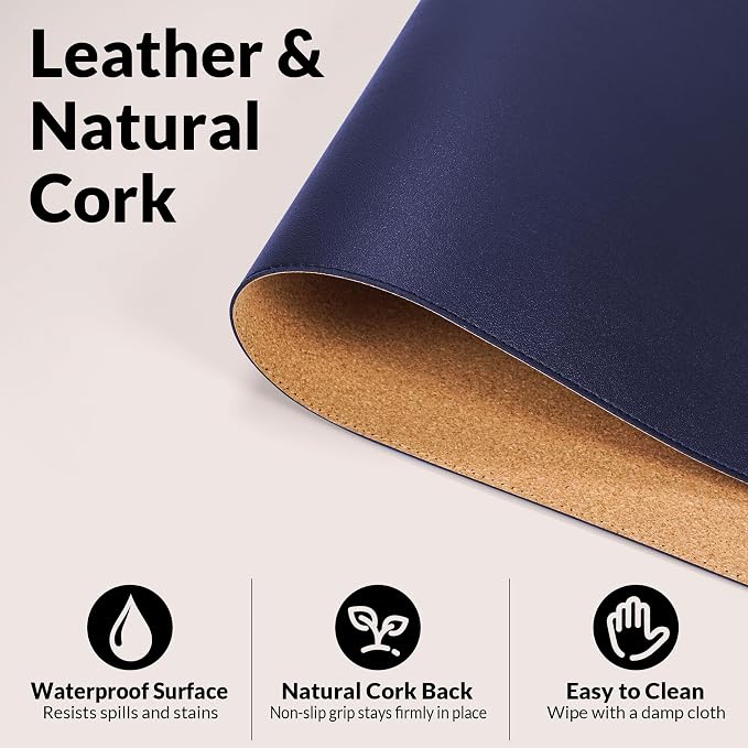 AFIING Cork Desk Mat, Sapphire Blue, 35.4" x 17" | Natural Cork & PU Leather - Image 3